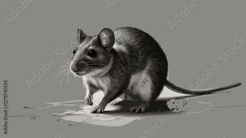 Detailed Black and White Drawing of Mouse with Somber Tone Against Textured Surface