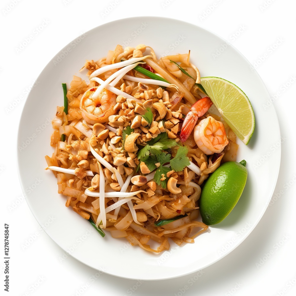 A plate of food with noodles and peanuts on top , isolated on white background A plate of food with noodles and peanuts on top , isolated on white background