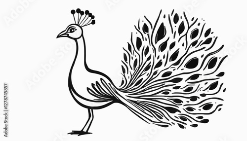 Peacock Line Drawing with Regal Mood Showing Tail Feathers