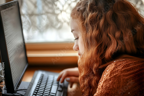 Girl with Red Hair Using La...