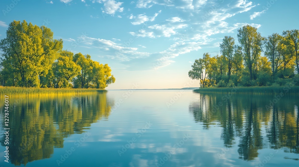 Obraz premium Serene Calm Lake Surrounded by Lush Green Trees