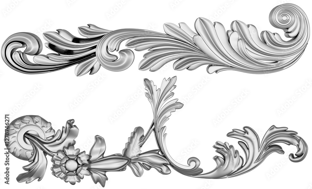 Fototapeta premium Silver ornament on white background, 3D render 