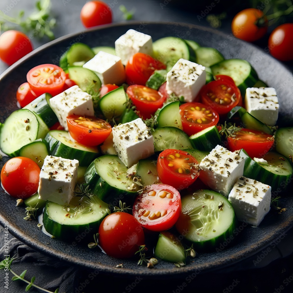 A close-up shot shows a vibrant salad composed of cubed feta cheese, cherry tomatoes, and cucumber slices, artfully arranged on a dark-colored plate.
A close-up shot shows a vibrant salad composed of cubed feta cheese, cherry tomatoes, and cucumber slices, artfully arranged on a dark-colored plate.