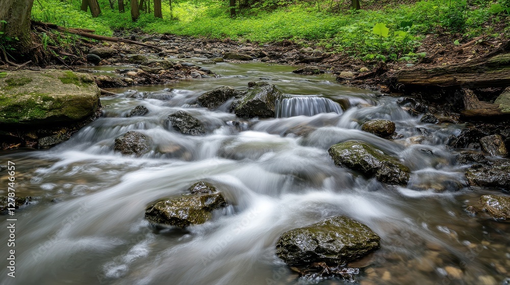 Tranquil Stream Flowing Over Rocks in Lush Green Forest Landscape Tranquil Stream Flowing Over Rocks in Lush Green Forest Landscape