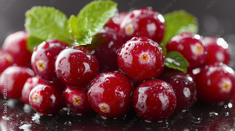Fresh cranberries with mint leaves on dark surface. Possible use food photography Fresh cranberries with mint leaves on dark surface. Possible use food photography