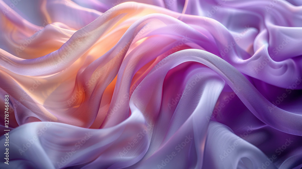 Fototapeta premium Delicate texture of pale violet and orange silk fabric. Soft, flowing translucent fabric with liquid silk effect, subtle color gradient. Folds and waves, creating abstract pattern with silver sheen.