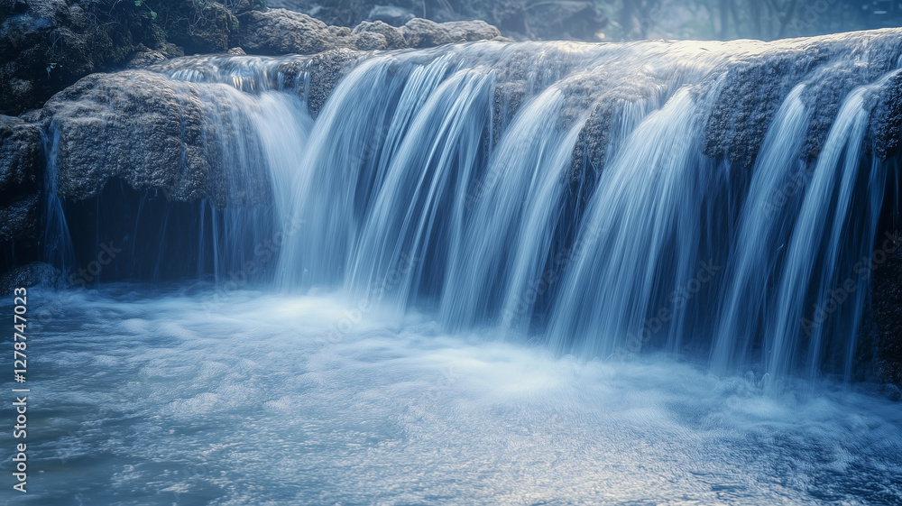 Spring waterfall falling into a pond close-up Rocky terrain with blue sky. Generated by artificial intelligence.