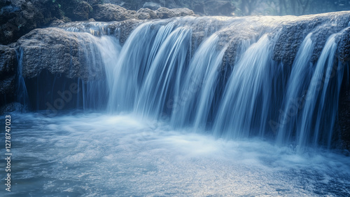 Spring waterfall falling into a pond close-up Rocky terrain with blue sky. Generated by artificial intelligence.
