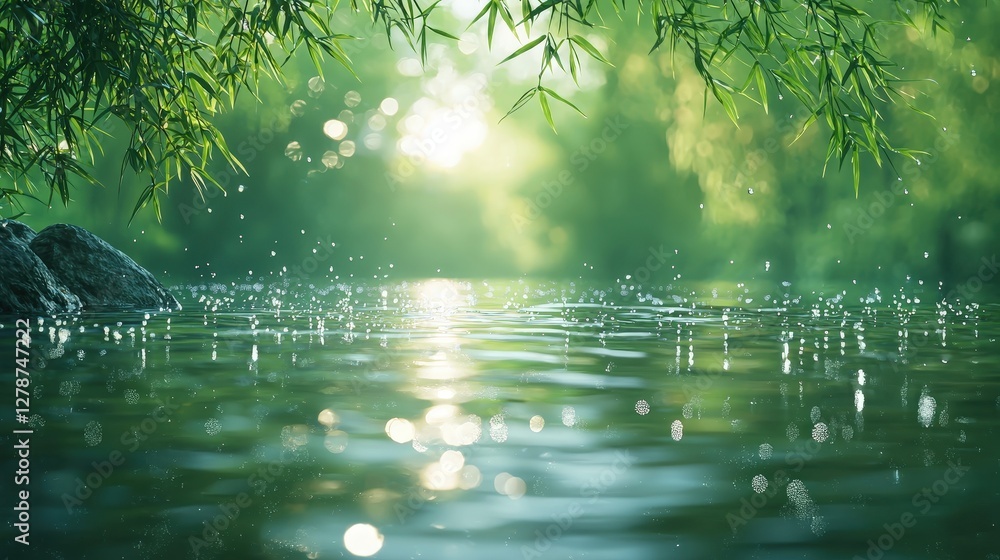 Obraz premium Serene river flowing through lush bamboo leaves creating a peaceful natural landscape