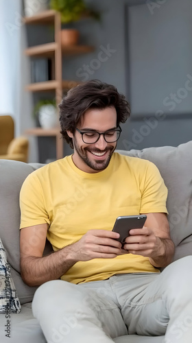 Smiling Man Using Smartphon...