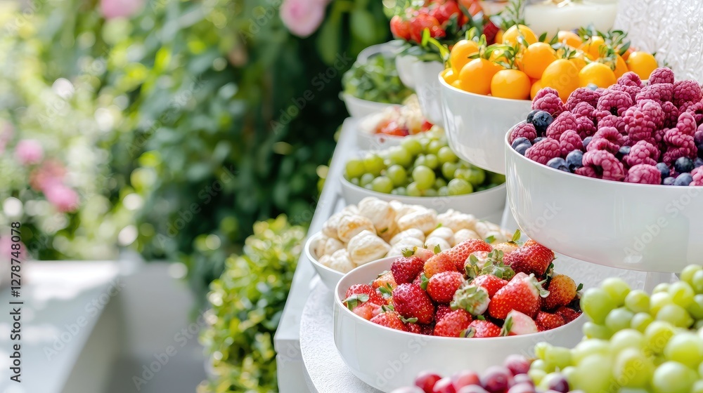 Fresh fruit display, tiered bowls, garden background, buffet, party Fresh fruit display, tiered bowls, garden background, buffet, party