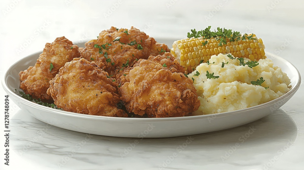 Fried chicken, mashed potatoes, and corn side dish on plate Fried chicken, mashed potatoes, and corn side dish on plate