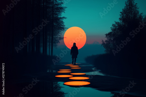 A minimalist, symbolic illustration of an autistic child walking on a path of glowing stepping stones. Each stone represents a milestone in therapy, self-growth, and understanding.