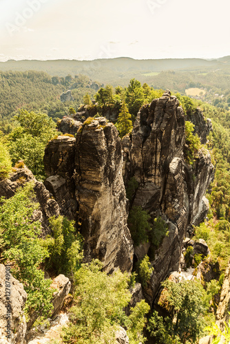 Beautiful views and natural landscapes with rocks from the Saxon Switzerland Mountains in Germany. photo