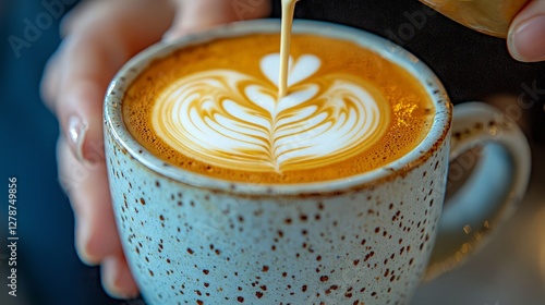 Latte art being created, hands holding mug, cafe setting. Possible use Stock photo for coffee shops or food blogs photo