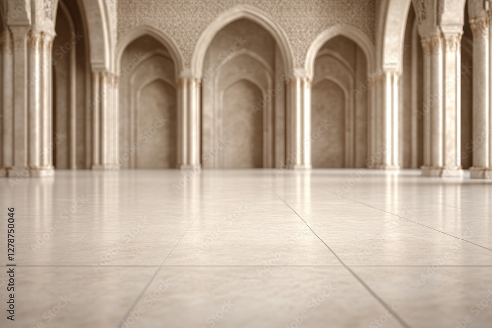 Architectural grandeur: A view of a building hall with grand arches, columns, and tile flooring Architectural grandeur: A view of a building hall with grand arches, columns, and tile flooring