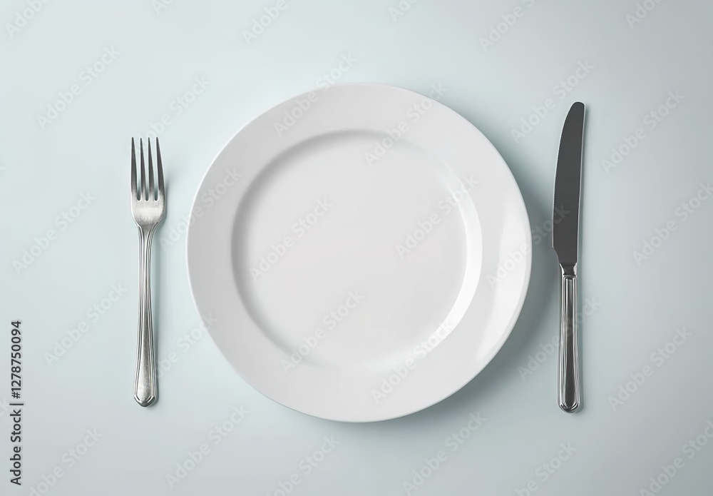 White plate with knife and fork on a white background, top view. White plate with knife and fork on a white background, top view.