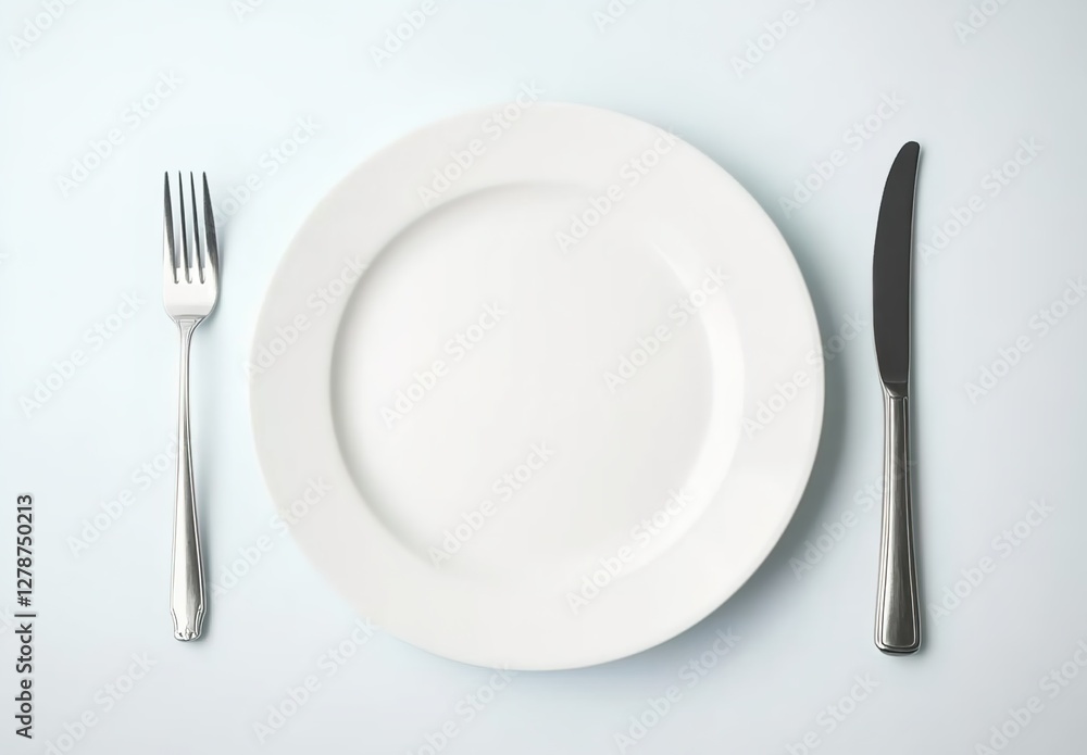 White plate with knife and fork on a white background, top view. White plate with knife and fork on a white background, top view.