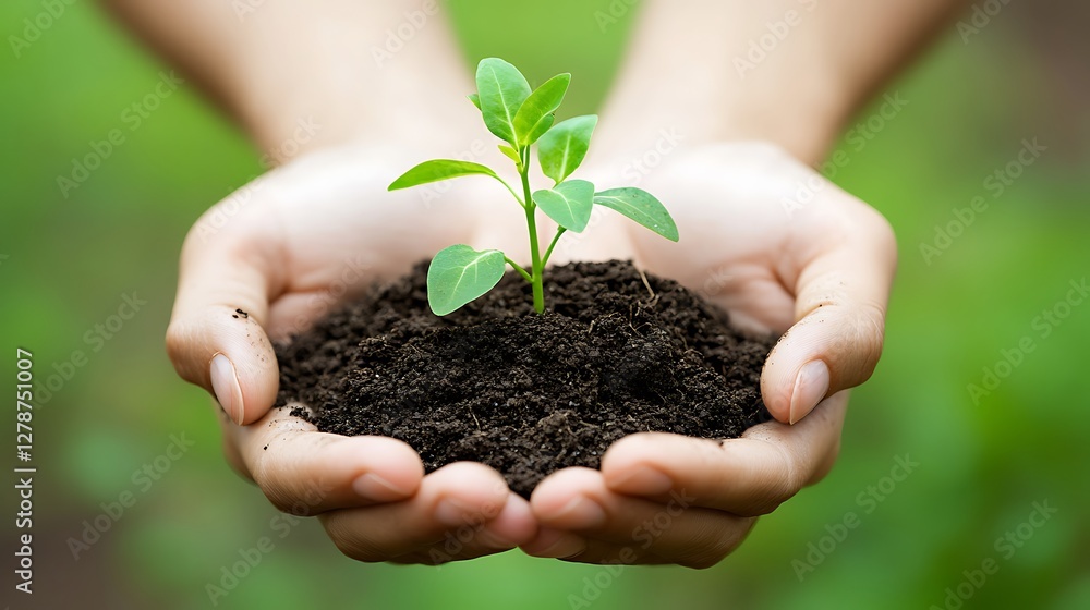 Hands Holding Soil with Sprouting Plant in Nature Hands Holding Soil with Sprouting Plant in Nature