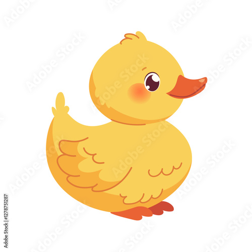 Cute kawaii duck on white background. Cartoon vector character, yellow duckling. Isolated baby duck