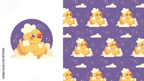 Seamless pattern with cute yellow duckling. Duck in bubbles for kids. Fabric swatch, packaging, for design