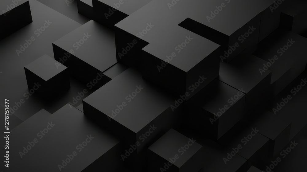 Fototapeta premium A 3D render featuring abstract geometric blocks set against a black background, showcasing a striking contrast with sharp edges and intricate arrangements.