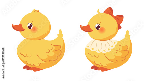 Cute kawaii duck on white background. Duckling boy and girl for babies, baby showers, kids products design. Vector cartoon character
