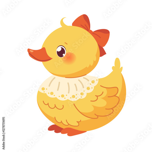 Cute kawaii duck on white background. Cartoon vector character, yellow duckling. Baby duckling girl with bow