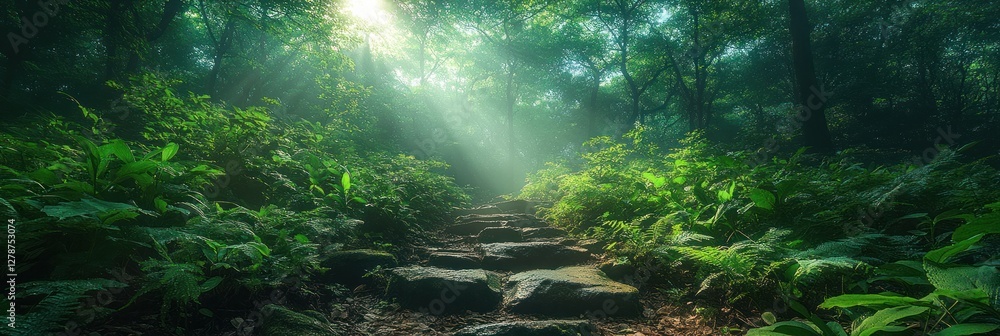 Fototapeta premium Sunbeams illuminate a stone path winding through a lush, misty forest.