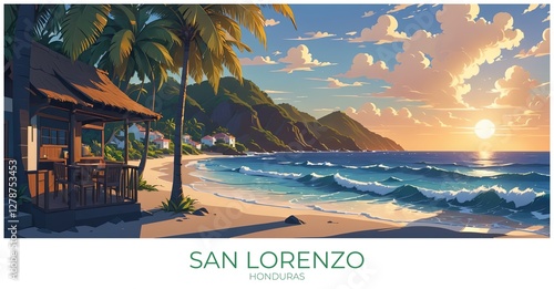 San lorenzo Honduras Travel Poster Flat Illustration Print Decor Gift Canvas Wall Art