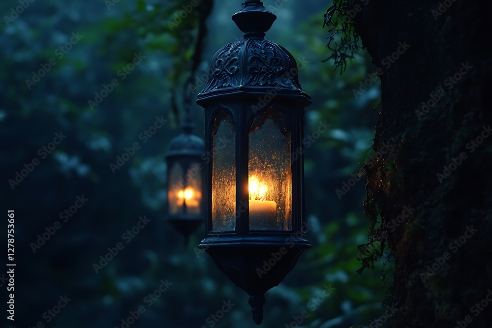 Forest lanterns, candlelight, mystical, night Forest lanterns, candlelight, mystical, night