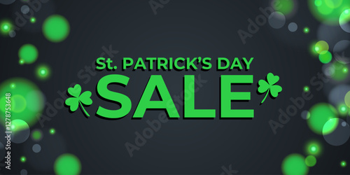 St. Patrick's Sale promotional banner for Patricks Day holiday discount shopping advertising. Green bokeh lights. Vector illustration.