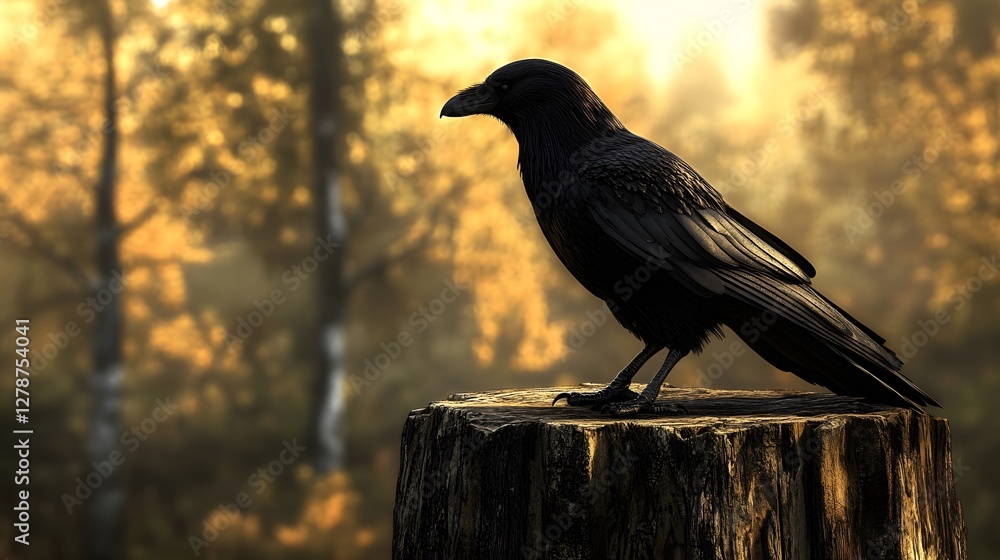 Fototapeta premium A mysterious raven sitting on an old tree stump