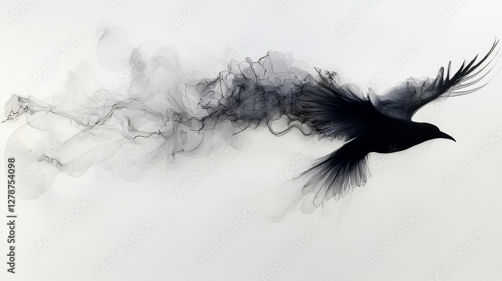 Black bird in flight, smoke trail, abstract art. Black bird in flight, smoke trail, abstract art.