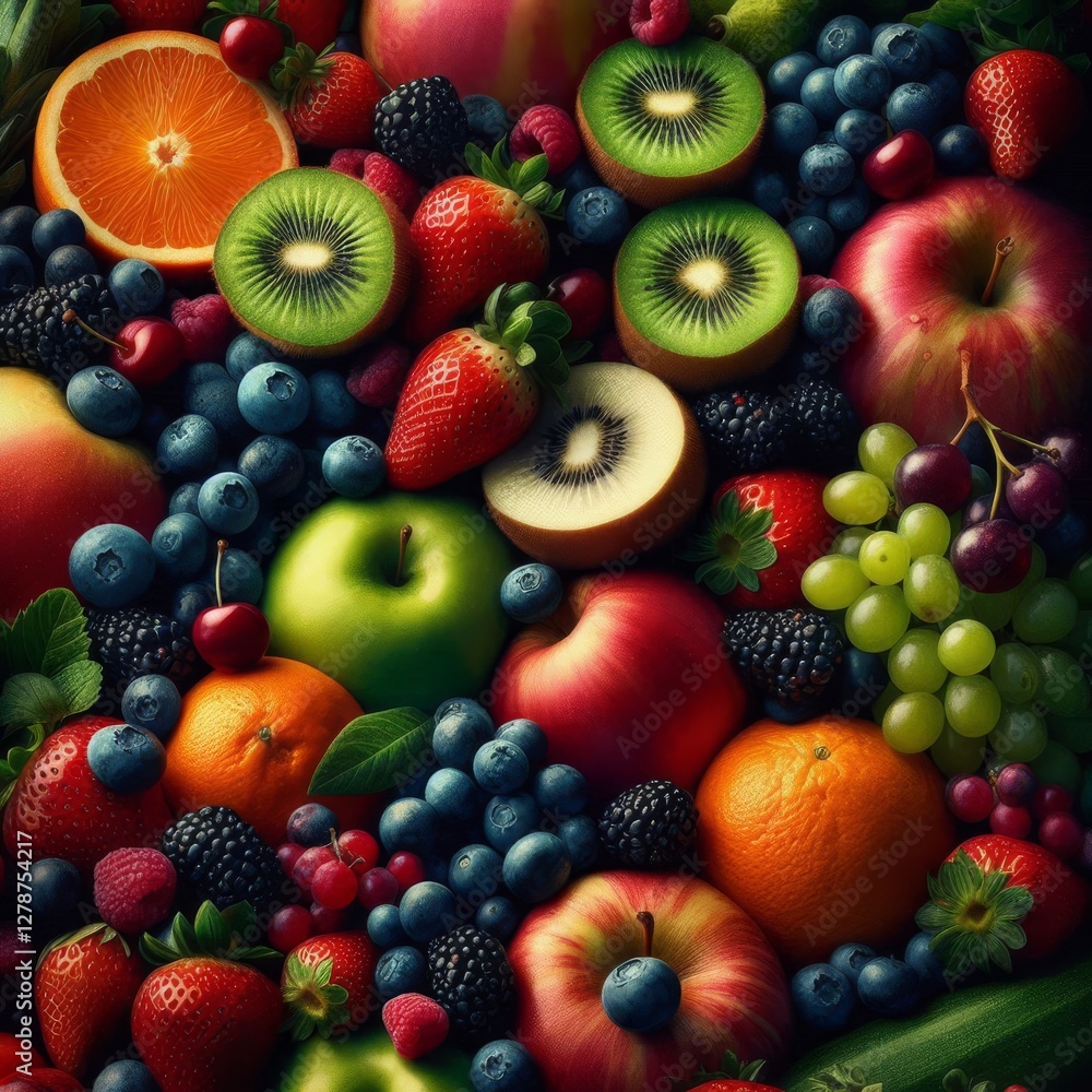 A vibrant, close-up shot showcases a bountiful array of fresh fruits and vegetables, artfully arranged to create a visually appealing composition
A vibrant, close-up shot showcases a bountiful array of fresh fruits and vegetables, artfully arranged to create a visually appealing composition