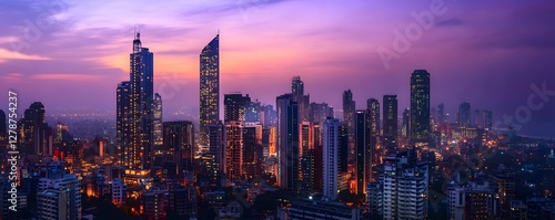 The Hyderabad business hub at twilight, with high-rise buildings illuminated against the fading light of the day, creating a stunning urban landscape