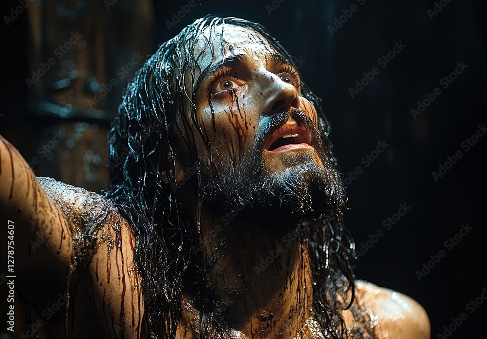 Obraz premium A depiction of Jesus on the cross, set against a dark background. Tears, black in color, run down his face and neck. His body is covered in mud, and his arms are outstretched upwards towards the sky.