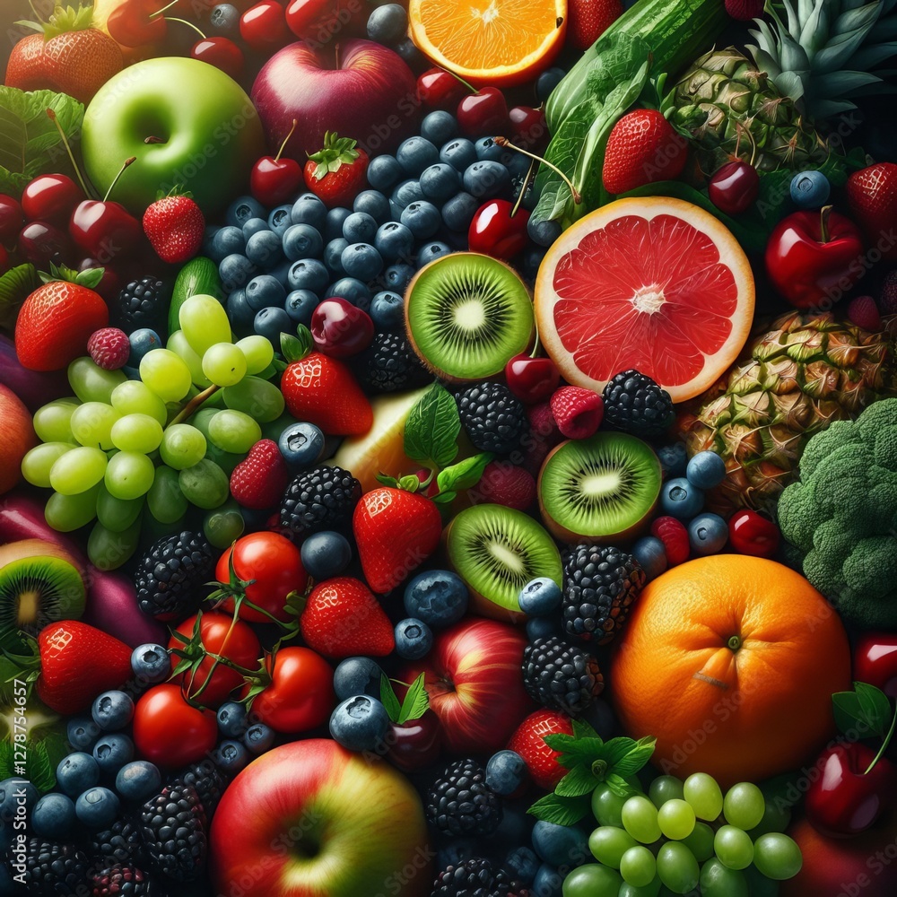 A vibrant, close-up shot showcases a bountiful array of fresh fruits and vegetables, artfully arranged to create a visually appealing composition
A vibrant, close-up shot showcases a bountiful array of fresh fruits and vegetables, artfully arranged to create a visually appealing composition