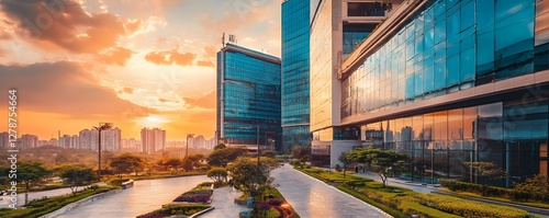 The architectural beauty of Hyderabad’s business hub, with modern glass facades, towering office complexes, and green landscaping adding to the city’s charm