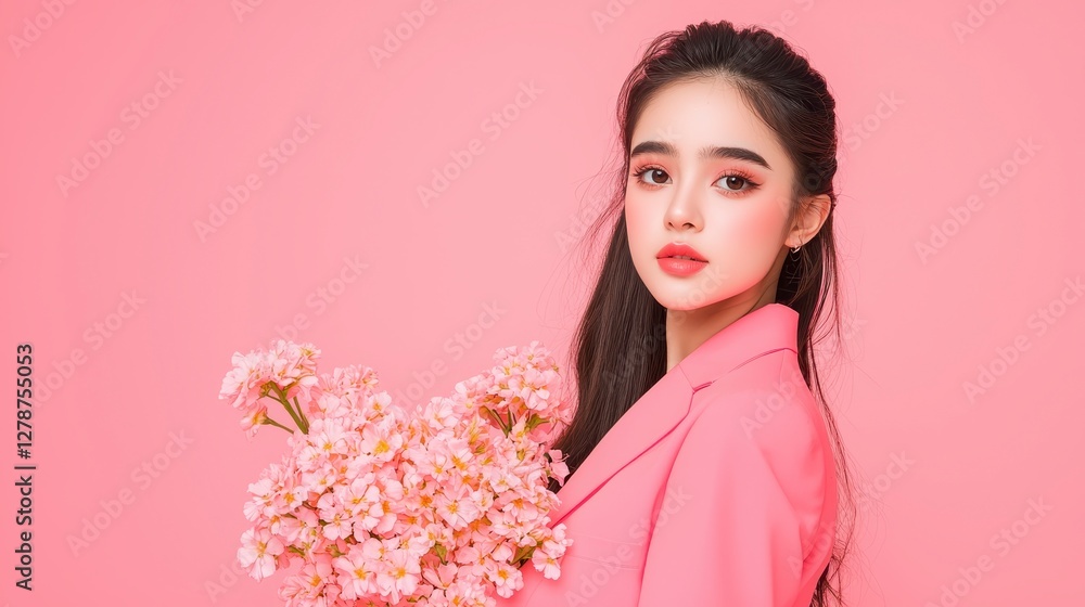 Fototapeta premium woman in pink blazer holds bouquet of pink flowers against pink background, exuding elegance and charm