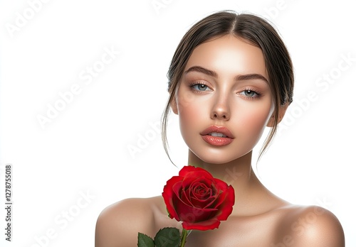Fototapeta Naklejka Na Ścianę i Meble -  Beautiful woman with perfect, clean, fresh skin on a white background, holding a red rose flower in her hand