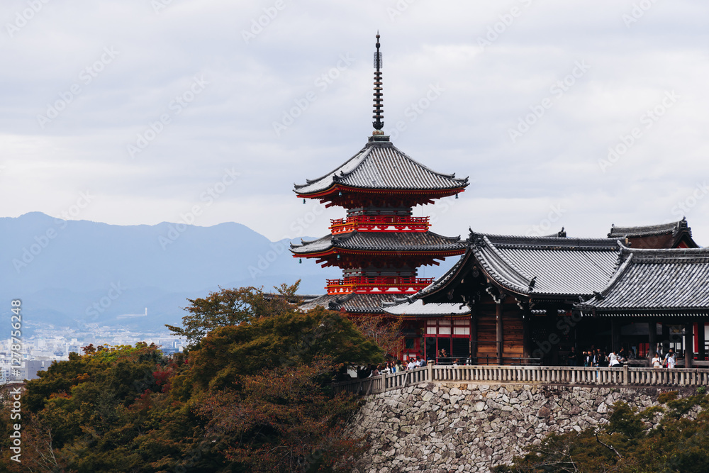 Kiyomizu-dera buddhist temple in Kyoto prefecture, Japan, Higashiyama ward, autumn fall view with mountains, Kyoto streets and skyline, shrine and pagoda, travel to Japan, Kansai region Kiyomizu-dera buddhist temple in Kyoto prefecture, Japan, Higashiyama ward, autumn fall view with mountains, Kyoto streets and skyline, shrine and pagoda, travel to Japan, Kansai region