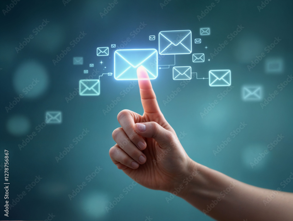 Hand touching Email icon on virtual screen Hand touching Email icon on virtual screen