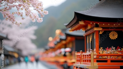 Takayama Spring Festival, Gifu beautifully crafted wooden festival floats with gold details, cherry blossoms in the background, traditional Japan at its finest photo