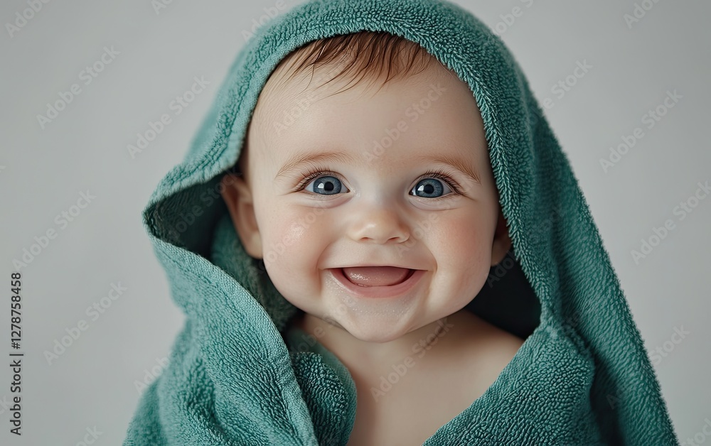 Baby wrapped in a green towel, isolated on a white background Baby wrapped in a green towel, isolated on a white background