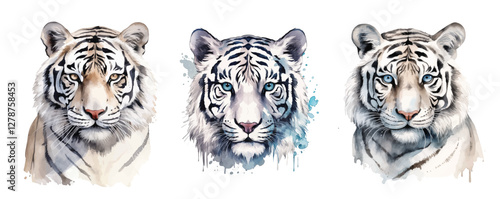 Watercolor white tigers Animals illustration set hand drawn vector illustration isolated on white background