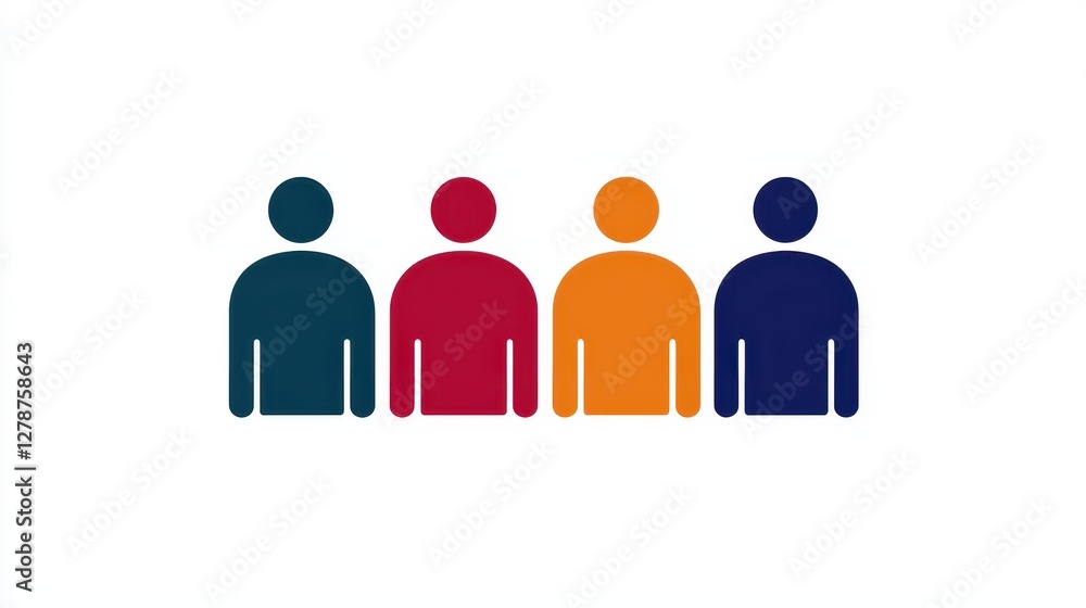Four colorful silhouettes of people standing in a row, depicting diversity and teamwork. Four colorful silhouettes of people standing in a row, depicting diversity and teamwork.