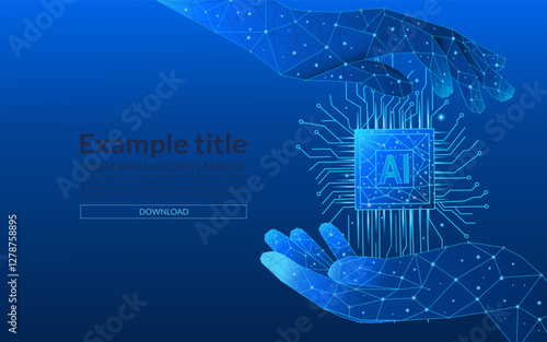 Abstract digital AI chip between human palms low poly blue technology. Artificial intelligence technology background. Semiconductor or microchip protection