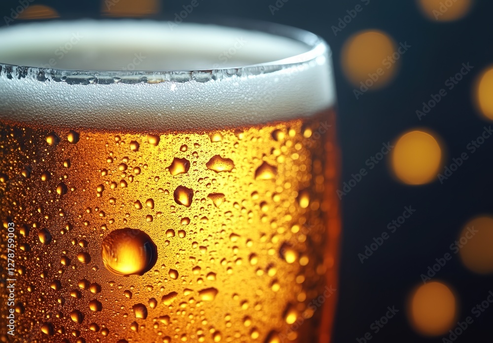 Close-up of a golden beer in a glass with droplets, macro photography, cinematic style. Close-up of a golden beer in a glass with droplets, macro photography, cinematic style.