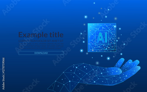 Abstract digital AI chip on blue tech low poly palm. Artificial intelligence technology background. Semiconductor or microchip protection